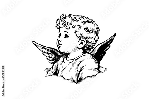 Little angel vector retro style engraving black and white illustration. Cute baby with wings