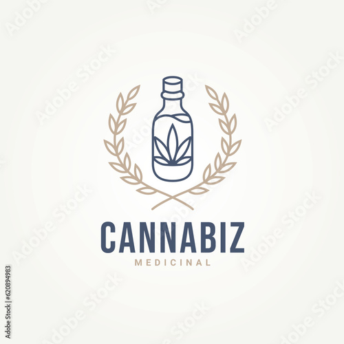 minimalist medical cannabis leaf in glass bottle line art icon logo template vector illustration design. simple modern cannabis or hemp oil extracts in jars logo concept