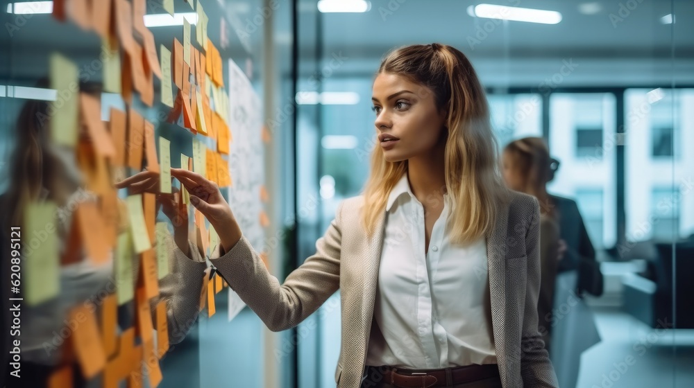 Side view young women in smart casual wear using adhesive notes while standing behind the glass wall in the board room, Sharing business ideas. Side view young women in smart casual wear using adhesive notes while standing behind the glass wall in the board room, Sharing business ideas.