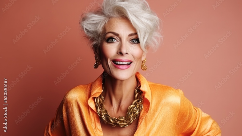 Beautiful middle age woman on isolated over orange color background. Beautiful middle age woman on isolated over orange color background.