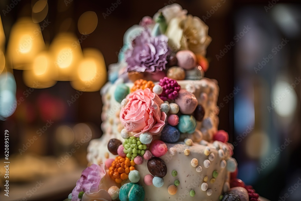 Closeup of beautiful wedding cake with sugar mastic, cream flowers and sweets, flowers on top.  Cake with several levels. Birthday, party cake. Colorful eatable flowers. Generative AI