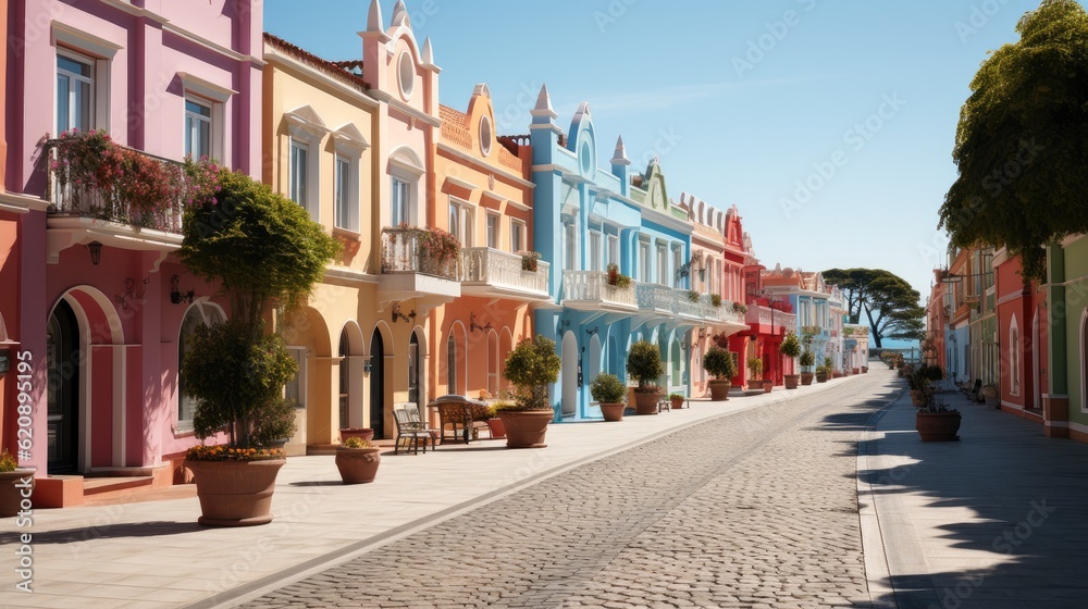Row of colorful traditional private townhouses, Residential architecture exterior.