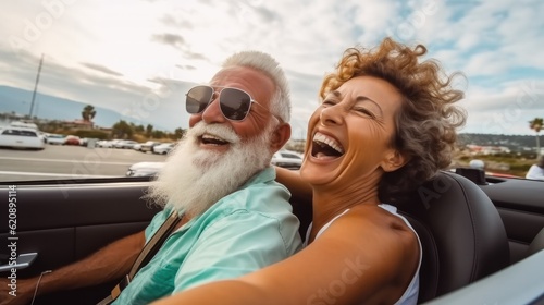 Travel people lifestyle concept, Happy senior couple having fun driving on new convertible car.