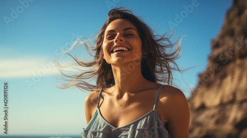 Beach vacation concept, Beautiful girl breathing and smiling on the beach at evening.