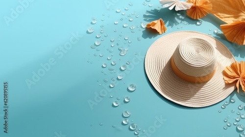 Beautiful summer straw hat and water drops, Blue summer fashion and accessories on blue copy space.