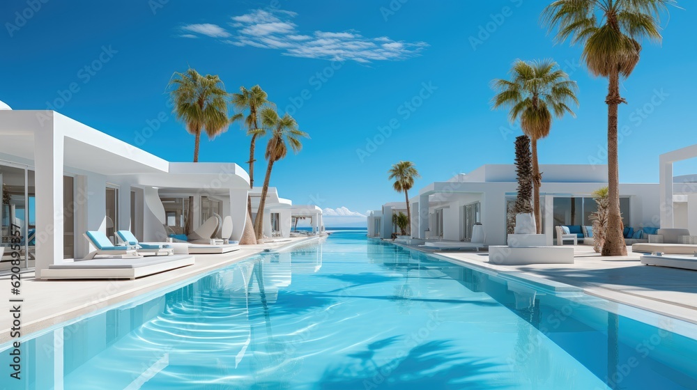 Hotel building in a minimalist style among palm trees on the coast, Summer vacation concept background with copy space.