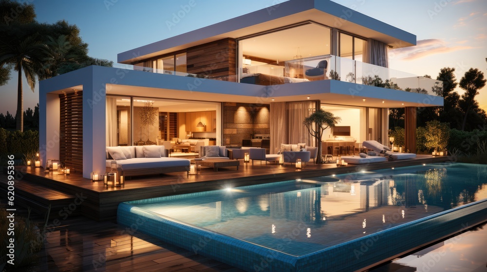 Beautiful modern house with terrace and pool, Evening view.