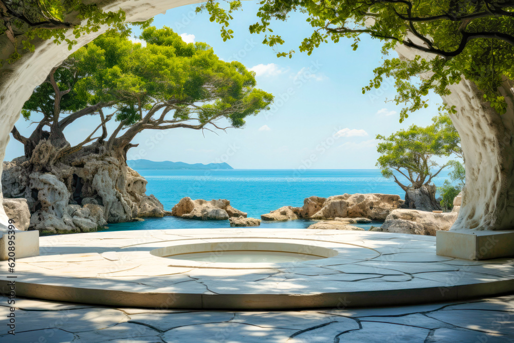 Naklejka premium Wide empty white stone clear floor with ocean jungle far background , Generative Ai