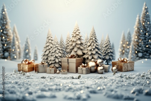 realistic Christmas trees, Gifts box in snow drift, Merry Christmas and Happy New Year festive. © visoot
