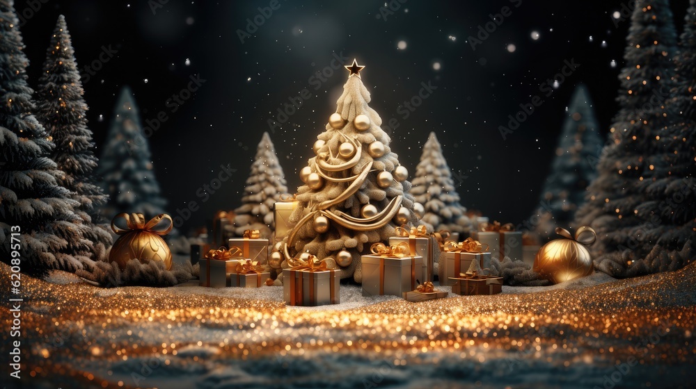Holiday design, Merry Christmas and Happy New Year festive composition with realistic Christmas trees, gifts box in snow drift, Xmas background winter nature.