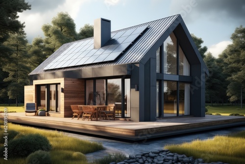 Solar panels with house, Ecological environment concept, Passive house with solar panels. © visoot
