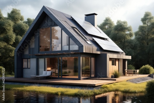 Solar panels with house, Ecological environment concept, Passive house with solar panels.