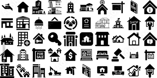Big Set Of Estate Icons Bundle Hand-Drawn Solid Simple Pictograms Contractor, Luxury Home, Finance, Icon Silhouette Vector Illustration