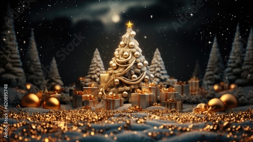 Merry Christmas and Happy New Year festive, Christmas trees, gifts box in snow drift, golden confetti.