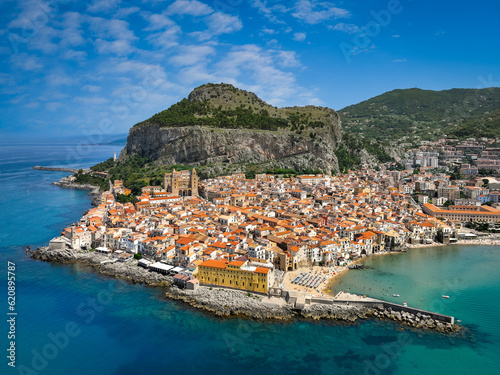 Aerial view of Cefalu on the Tyrrhenian coast of Sicily, Italy