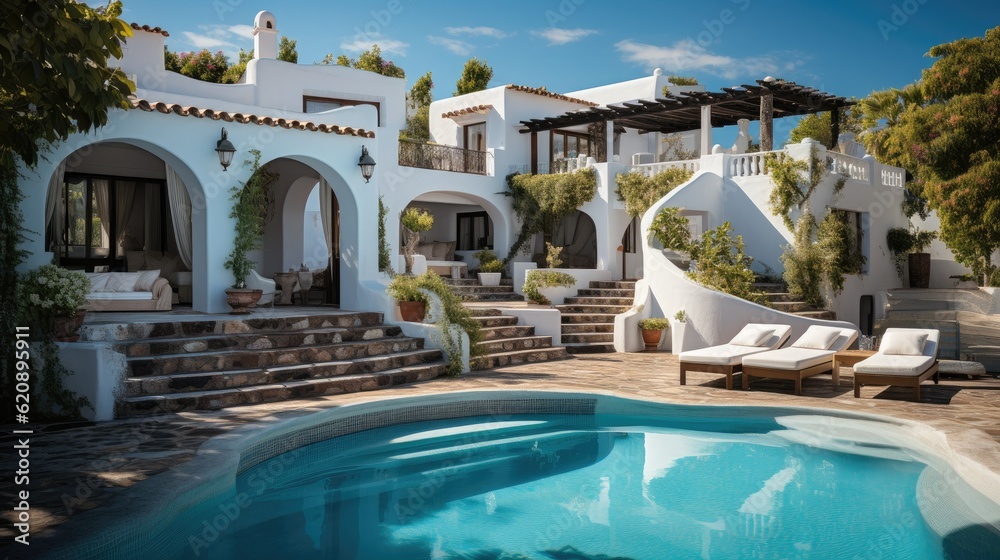 White holiday villa, Traditional mediterranean white house with pool, travel holliday summer.
