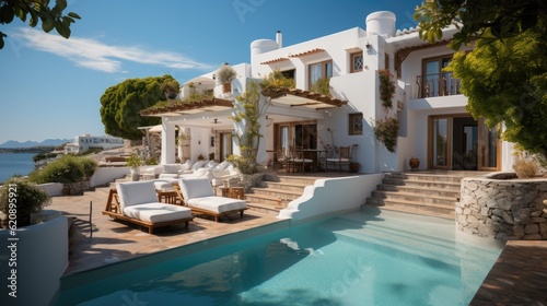 White holiday villa, Traditional mediterranean white house with pool, travel holliday summer.