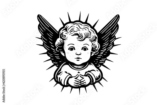 Little angel logotype vector retro style engraving black and white illustration. Cute baby with wings