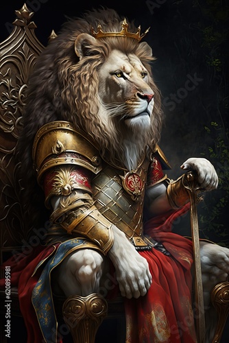 A majestic, regal lion sits on a throne. the ruler - the royal lion dressed in a red mantle with his royal attributes, closeup. Generative AI
