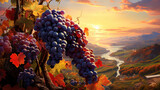 Ripe red wine grapes in vineyard at sunset, close up. Generative Ai