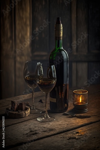 Two filled wine glasses with a bottle of wine. Rustic wooden background. A lit candle. Ready for a romantic evening. Generative AI