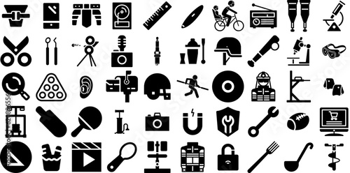 Massive Set Of Equipment Icons Collection Isolated Cartoon Clip Art Speaker, Health, Engineering, Tool Silhouettes Isolated On Transparent Background photo