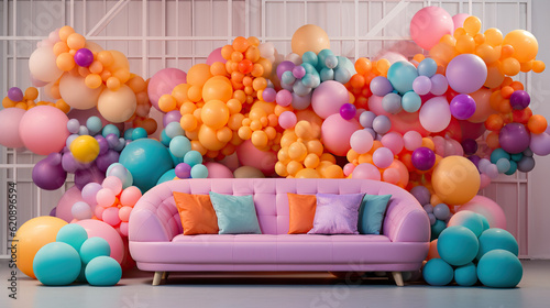 Sofa within Stylish Living Room Interior Filled with Baloons, Interior design, 3D render, 3D illustration