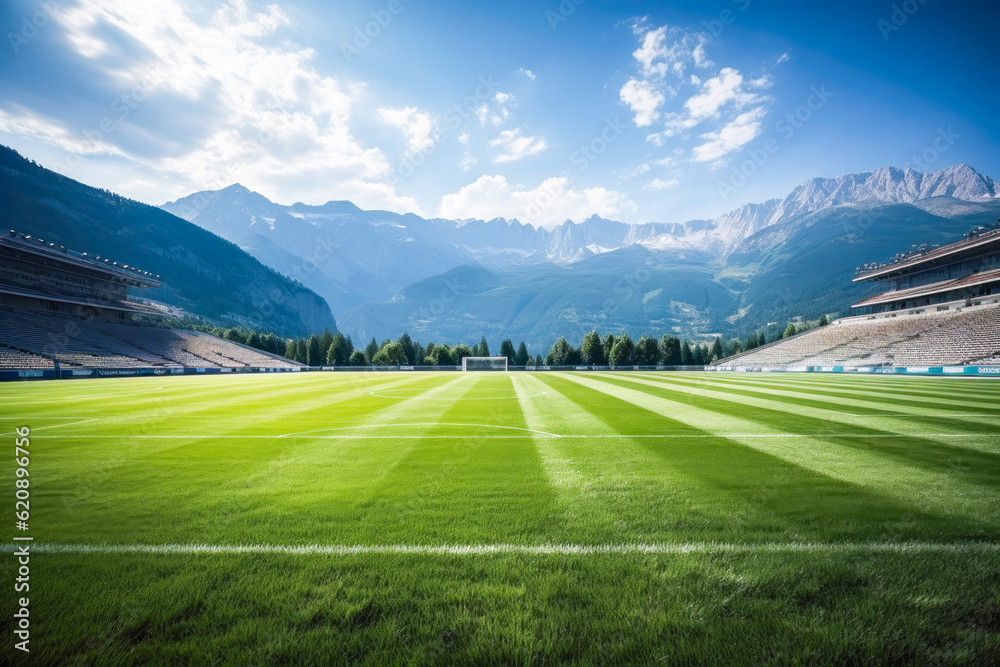 Ultra Wide empty field of green grass among stand stadium with mountain far background , Generative Ai