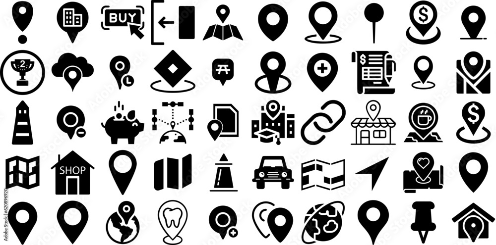 Massive Set Of Place Icons Set Hand-Drawn Isolated Cartoon Web Icon Mark, Icon, Note, Symbol Doodle Isolated On Transparent Background