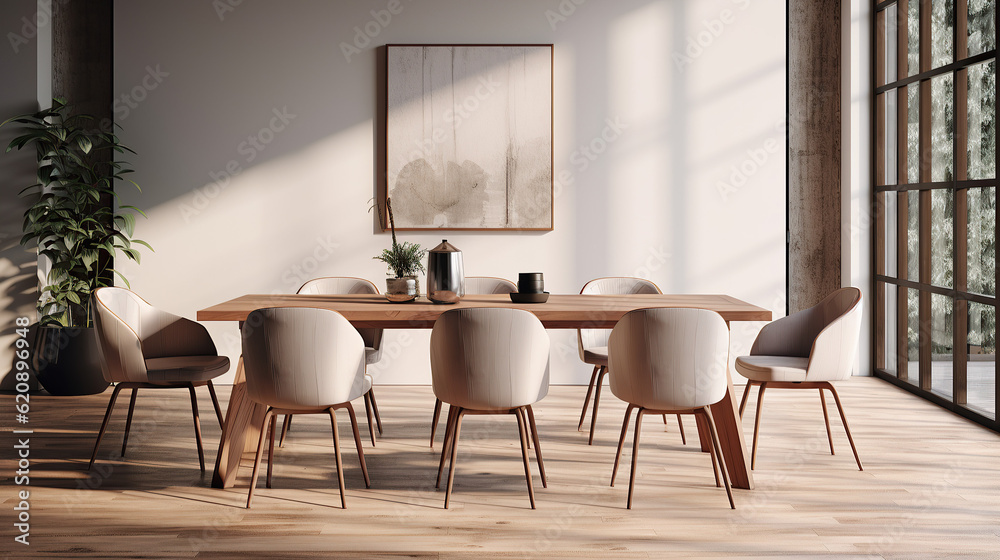 Stylish Dining Room Interior with an Abstract Frame Poster, Modern interior design, 3D render, 3D illustration Stylish Dining Room Interior with an Abstract Frame Poster, Modern interior design, 3D render, 3D illustration