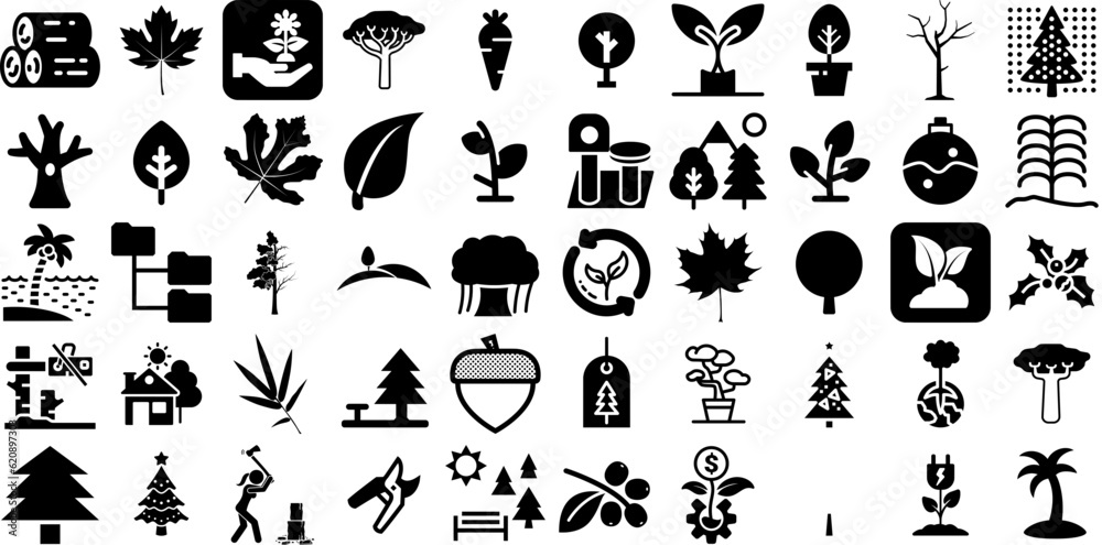 Mega Collection Of Tree Icons Set Isolated Design Glyphs Cactus, Set, People, Silhouette Graphic Vector Illustration
