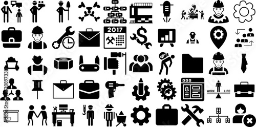 Big Set Of Work Icons Set Hand-Drawn Solid Design Glyphs Artist, Contractor, Health, Tool Buttons Isolated On White