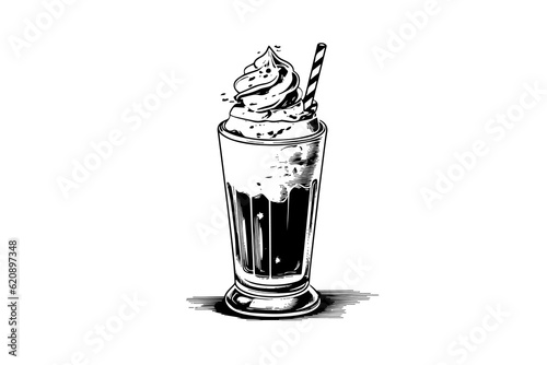 Chocolate milk shake sketch engraving vector illustration. Black and white isolated composition.