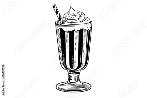 Chocolate milk shake sketch engraving vector illustration. Black and white isolated composition.
