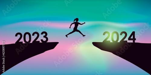 woman jumping over a cliff from 2023 to 2024 on aurora borealis background vector ilustration EPS10