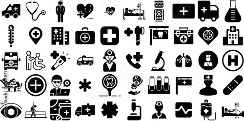 Massive Collection Of Hospital Icons Bundle Hand-Drawn Isolated Design Clip Art Health, Icon, Patient, Symbol Silhouettes Isolated On White Background