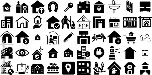 Huge Collection Of House Icons Bundle Hand-Drawn Linear Infographic Silhouette Roof, Tool, Silhouette, Mark Signs Isolated On White