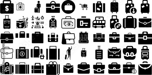 Mega Set Of Suitcase Icons Pack Hand-Drawn Black Design Web Icon Suitcase, Trip, Icon, Baggage Silhouette Isolated On Transparent Background