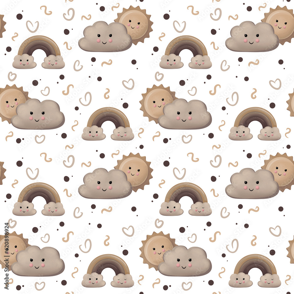 Fototapeta premium Seamless pattern with cute sun, clouds and rainbow for children on a white background