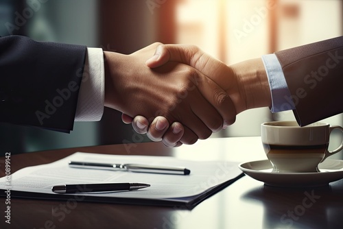 Business partnership meeting. Closeup handshake office background, deal.