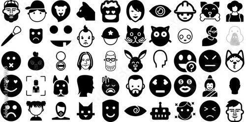 Big Collection Of Face Icons Pack Isolated Vector Clip Art Silhouette, Farm Animal, Laundered, Profile Elements For Apps And Websites