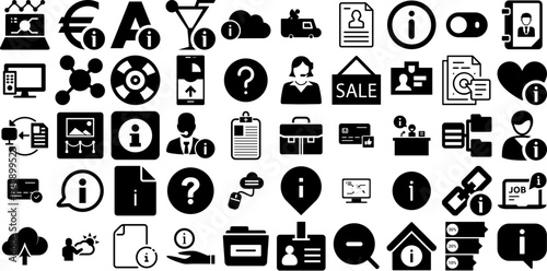 Massive Set Of Information Icons Collection Hand-Drawn Black Design Symbols Patient, Coin, Extension, Identification Doodles Vector Illustration