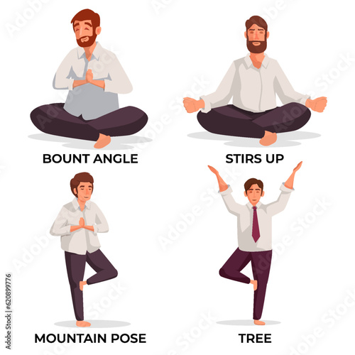 Illustration of office worker man doing yoga pose exercises