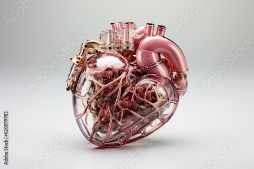 Transparent mechanical heart , isolated on white background , Generative Ai