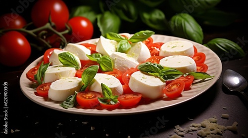 Food photography background - Tomato mozzarella salad on plate on dark table (Generative Ai)
