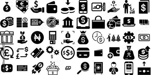 Massive Set Of Money Icons Collection Hand-Drawn Black Cartoon Elements Coin, Goodie, Silhouette, Finance Silhouettes Isolated On White photo