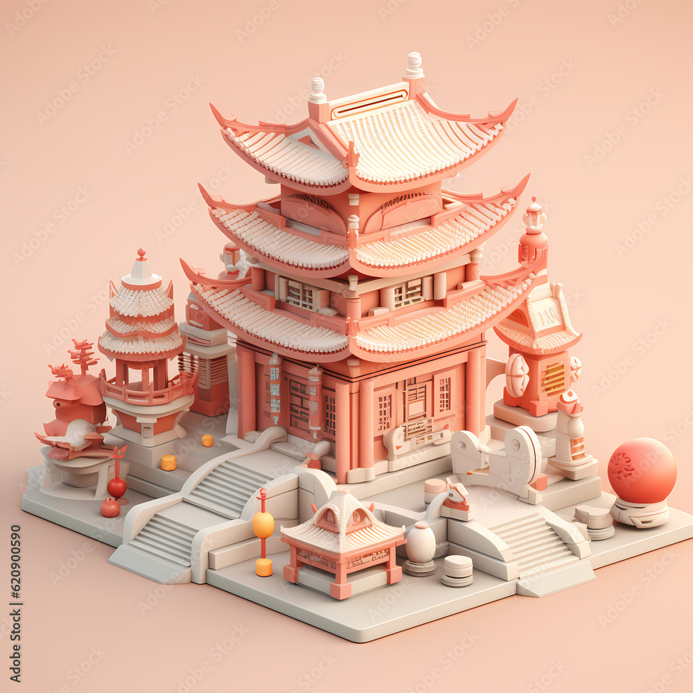 Chinese temple cute cartoon illustration with adorable expression isolated