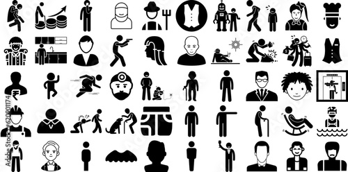 Massive Set Of Man Icons Bundle Isolated Modern Pictograms Carrying, Profile, Workwear, Silhouette Doodle Isolated On Transparent Background