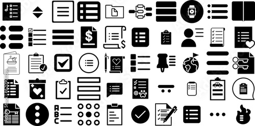 Big Set Of List Icons Pack Solid Drawing Silhouette Icon, Product, Magnifier, Pointer Pictograms Vector Illustration