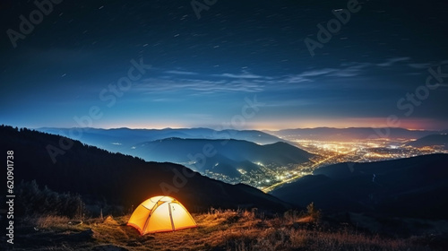 Camping in the mountains at night with a view of the night city.Concept of adventure travel,mountain climbing. Nature tourism concept with tent. 